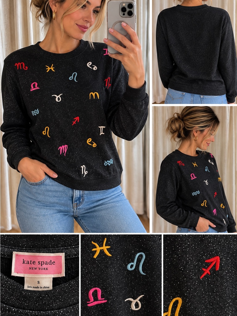 kate spade Black Sparkle Crewneck Sweater with Multicolor Zodiac Embroidery